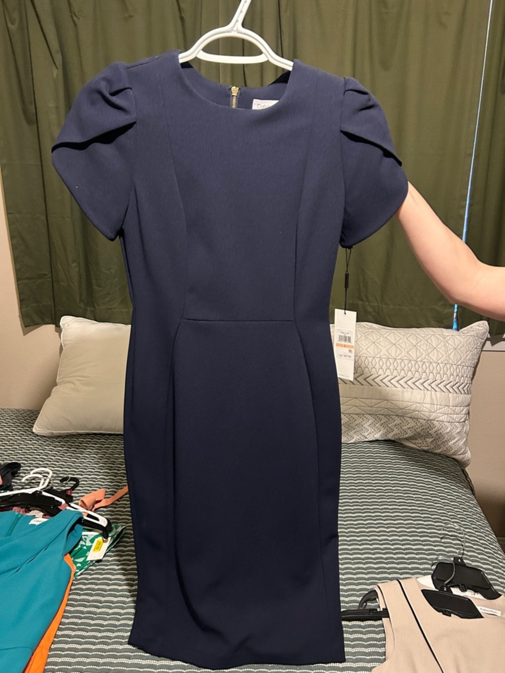 Calvin Klein Navy Midi Sheath Dress with Puff Sleeves